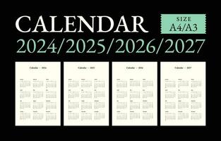 Classic monthly calendar and note for 2024, 2025, 2026, 2027, the week starts on Sunday, A4-A3 size. vector