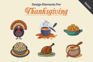 Design Elements For Thanksgiving, Vector Icons of Turkey, soap, cheese, and Gravy.