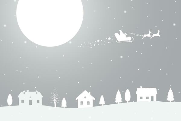 Merry Christmas and Happy New Years in background with reindeer and Santa Claus flying above at night