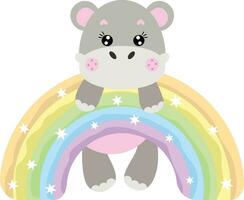 Cute hippo hanging on magic rainbow vector