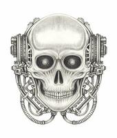 Futuristic skull hand drawing on paper make graphic vector. vector