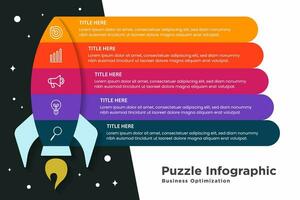 puzzle infographic related to business optimization. 5 steps with a rocket shape vector