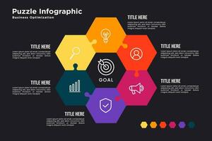 puzzle infographic related to business optimization. 7 steps with a hexagon shape vector