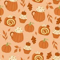 Seamless autumn pattern with pumpkin drinks and desserts. Vector graphics.