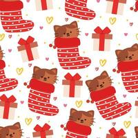 seamless pattern cartoon cat inside a socks, with christmas present. cute animal wallpaper illustration for gift wrap paper vector