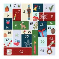 Advent calendar with Christmas elements in flat cartoon illustration vector