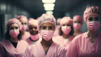 group of surgeons at hospital wearing protective masks and scrubs, breast cancer awareness concept. AI Generative photo