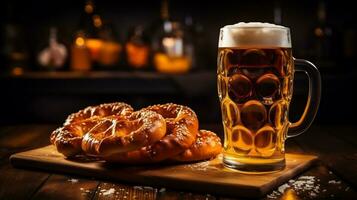 Oktoberfest beer mug and pretzel on a wooden table. AI Generative photo