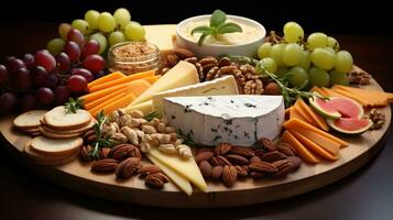 AI Generative. Cheese platter with grapes, nuts, honey and crackers photo