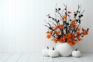Vase with orange flowers on white wooden background. Halloween decoration. AI Generative photo