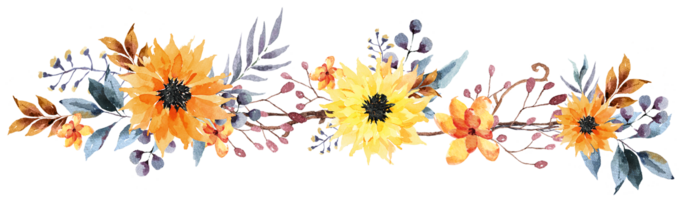 Flower border.Floral pattern with leaf and sunflower.Botanical floral rim, for cards, wedding or fabric.Hand draw with watercolor. png