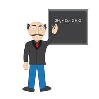 Teacher, professor standing in front of blackboard. School male teacher near blackboard.Teacher teaching and explaining chemical reaction. vector