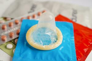 Condom and birth control pills for prevent infection, safe sex  and birth control. photo