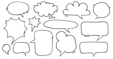 Doodle hand drawn speech bubbles different shapes. Cute sketch style pen line of chat clouds. Dialogue, discussion, message, thoughts comic sketch vector