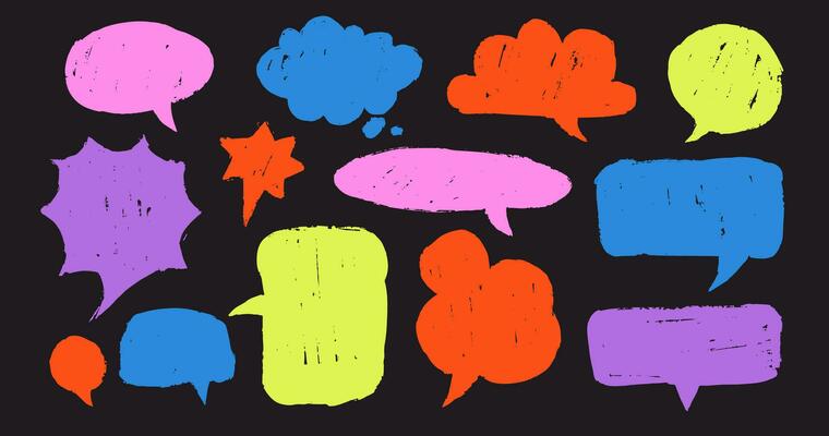 Naive groovy speech bubbles pack. Doodle sketch style of chat clouds. 1970 psychedelic trippy y2k Dialogue, discussion, message, thoughts comic sketch. Fun Colorful Bright Design.