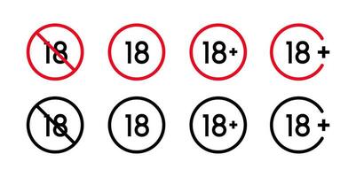 Warnings under 18, red black white badges. Adult content age only icon.Set of age restriction signs. Mark the age limit. illustration vector