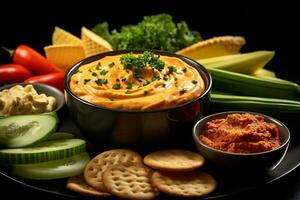 AI Generative. Bowl of pimento cheese with ingredients on wooden table, selective focus photo