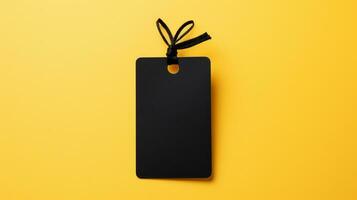 Blank black price tag or address label with string on yellow background. AI Generative photo