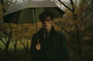 retrato de un joven hombre en un impermeable con un sombrilla. ai generativo foto