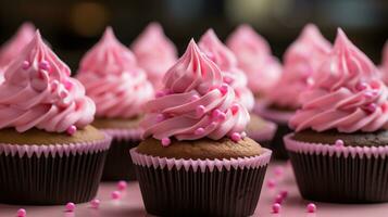 AI Generative. Delicious cupcakes with pink buttercream on table, closeup photo