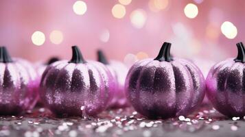 Halloween purple pumpkins on bokeh background with copy space. AI Generative photo