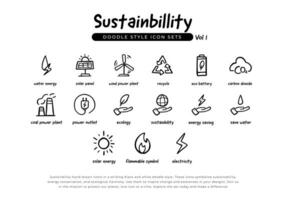 Set of sustainability green energy and ecology doodle hand drawn line icons. Volume 1 of Icons set for renewable energy, green technology and ecology. vector illustration