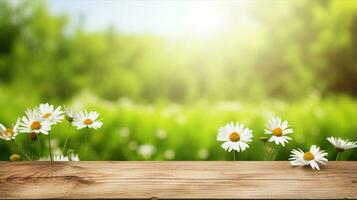 Wooden garden desk, fresh flowers, spring or summer landscape, blur background. Generative AI photo