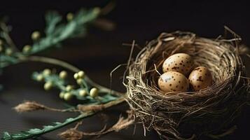 un pequeño aves nido con huevos. web bandera con Copiar espacio. generativo ai foto