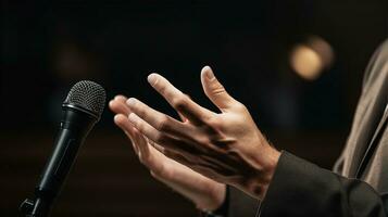 micrófono y manos de cerca, altavoz Hablando a un negocio conferencia. generativo ai foto
