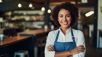 Happy portrait of a latin woman, waitress in a cafe or store. Generative AI photo