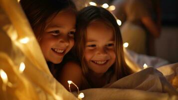 Children at a sleepover, giggles and whispers in a room lit by fairy lights. Generative AI photo