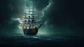 Ghostly ship sailing on a dark sea photo