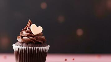 A cupcake with a heart-shaped decoration. Web banner with copy space. Generative AI photo