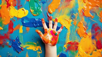 Child dipping fingers in paint, creating a vibrant mural of handprints on canvas. Generative AI photo