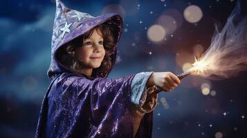 Child in a wizard costume, waving a magical wand, imagination turning ordinary to extraordinary. Generative AI photo