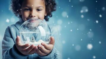Child with a snow globe, the miniature winter wonderland fascinating and enchanting to the eyes. Generative AI photo