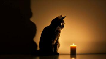 un de gato sombra proyectado en un muro, iluminado por luz de una vela, creando un misterioso silueta. generativo ai foto