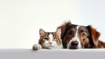 Dog and cat together, cute pets, isolated banner with copy space. Generative AI photo