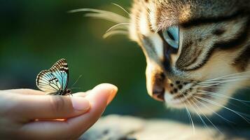 Cat's paw gently cradling a tiny butterfly, a momentary truce between two creatures. Generative AI photo