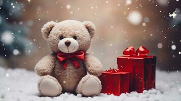 Teddy bear with gift boxes on snow and bokeh background. AI Generative photo