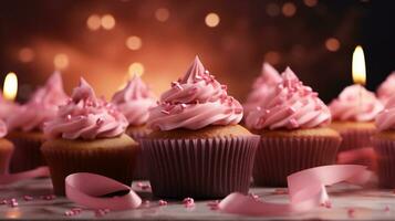 AI Generative. Delicious cupcakes with pink frosting and candles on the background photo