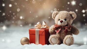 Teddy bear with gift boxes on snow and bokeh background. AI Generative photo