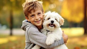 Boy with a pet dog, companionship and loyalty evident in their bond and playful antics. Generative AI photo