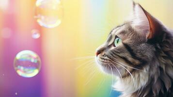 Cat entranced by a floating soap bubble, its iridescent colors reflecting in its eyes. Generative AI photo