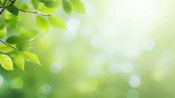 Fresh green leaves, plant, spring or summer season, bokeh, blur abstract background. Generative AI photo