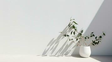 Shadow on white wall, plant, light background with copy space. Generative AI photo