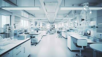 science laboratory scene. white and clean futuristic room for research. generative AI photo