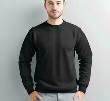 Young man wearing blank black sweater mockup print presentation mockup ai generate photo