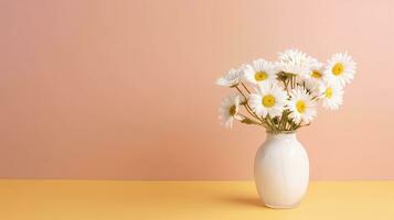 A vase of daisies. Web banner with copy space. Generative AI photo