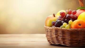 A basket of fresh fruit. Web banner with copy space. Generative AI photo